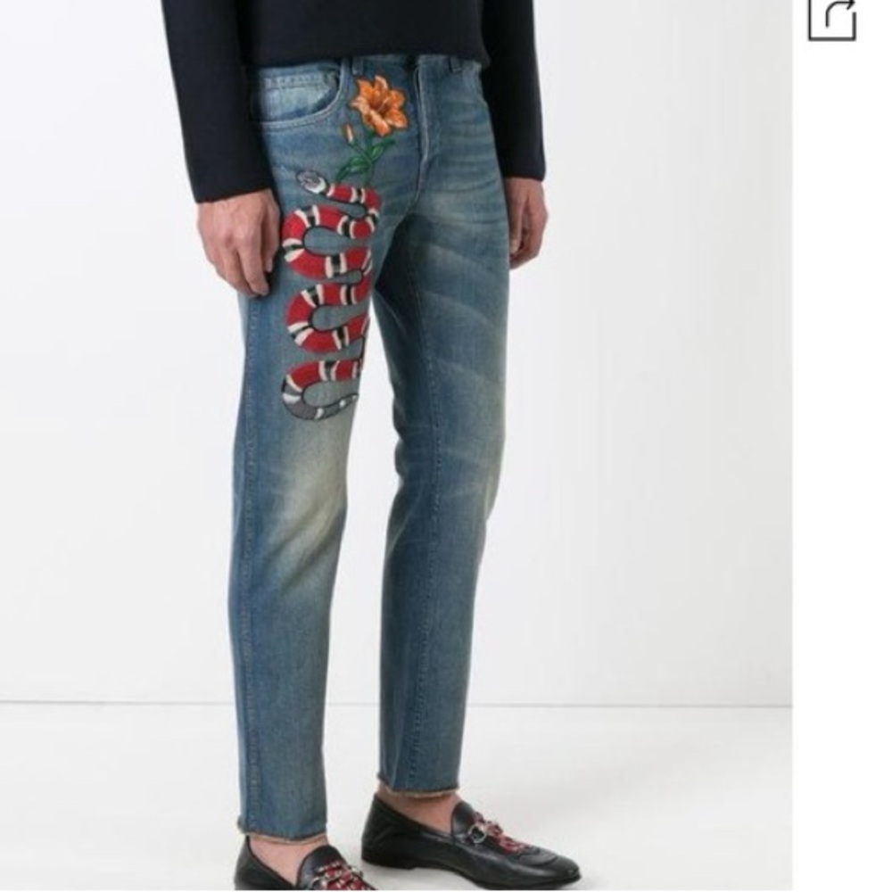 Gucci Blue Slim Jeans with Red and White Snake Embroidery